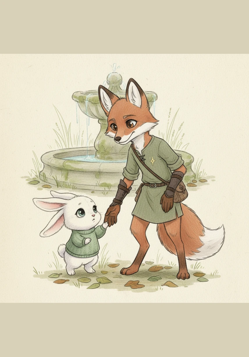 The bunny introduced herself as Bella and explained that she had wandered too far from the big stone fountain while chasing a leaf. Finley promised to help her find her way home, feeling a spark of excitement at having a new companion by his side.