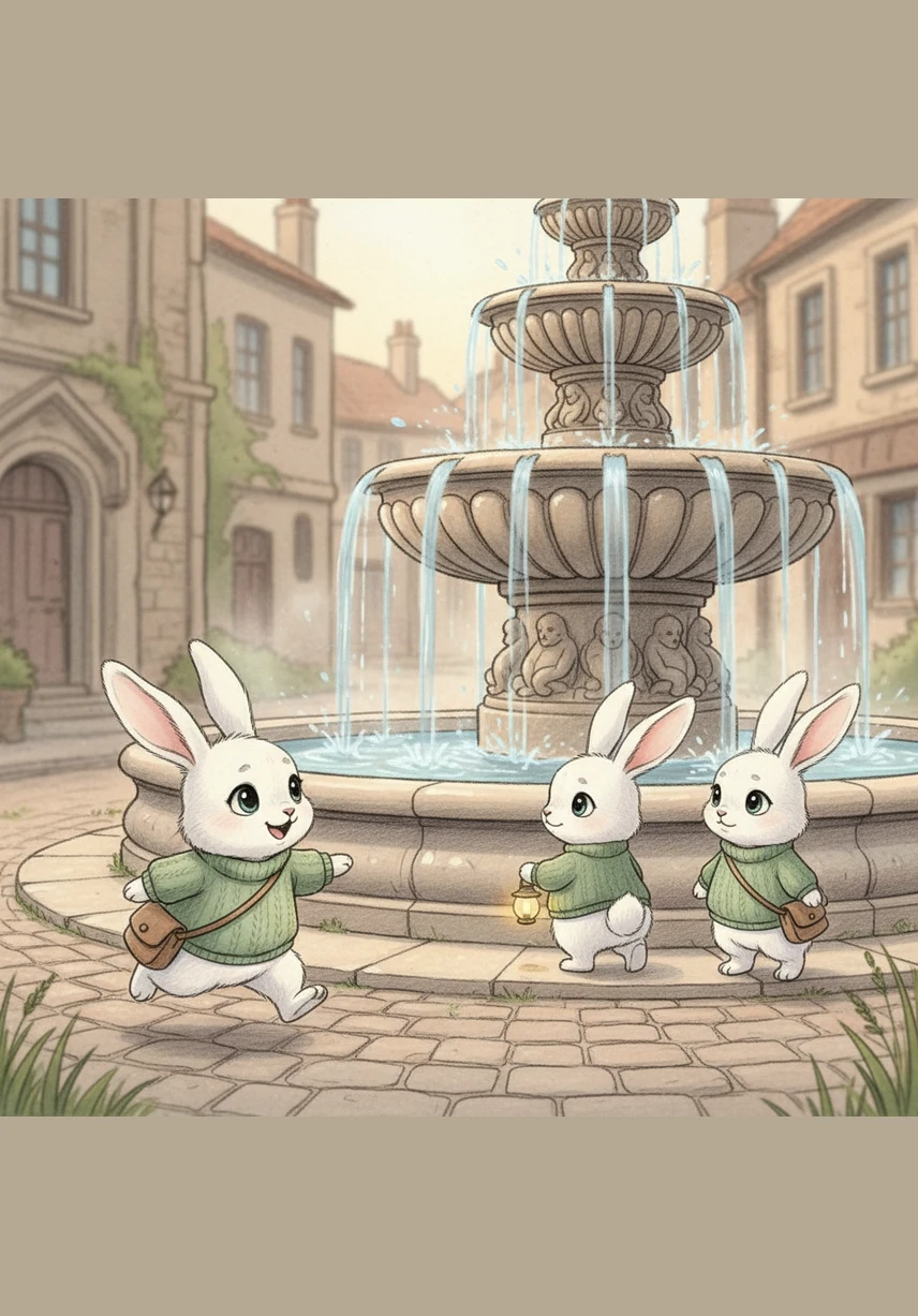 As they rounded a corner, the sound of splashing water filled the air, and the grand stone fountain finally came into view. Bella let out a happy squeak when she saw her family waiting anxiously by the water’s edge, their ears perking up at the sight of her.