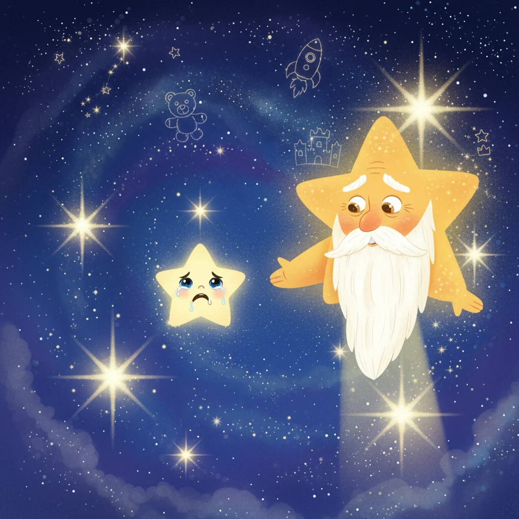Luma met Orion, a wise old star, during her travels. He listened to her woes and gently reminded her that even the smallest light can guide someone in the dark. His words offered her a glimmer of hope.