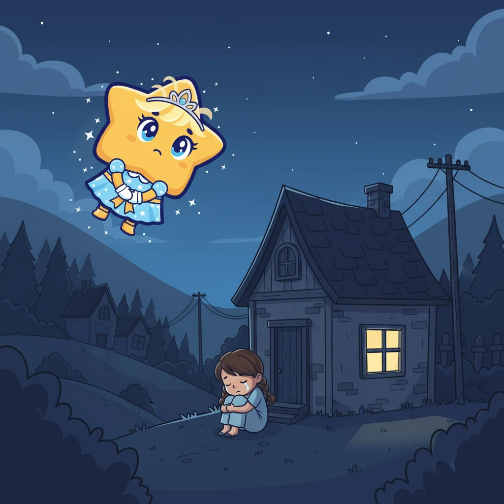 Luma continued her journey and soon noticed a small house below with a young girl looking sad. The little girl was afraid of the dark because the village had lost its power, and everything was dim.