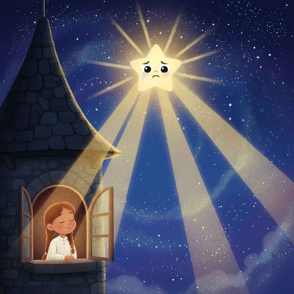 Luma focused all her energy, and her tiny light began to flicker brighter and brighter. It streamed down to the girl's window, bringing a warm glow of comfort. The girl smiled, feeling safe and secure.
