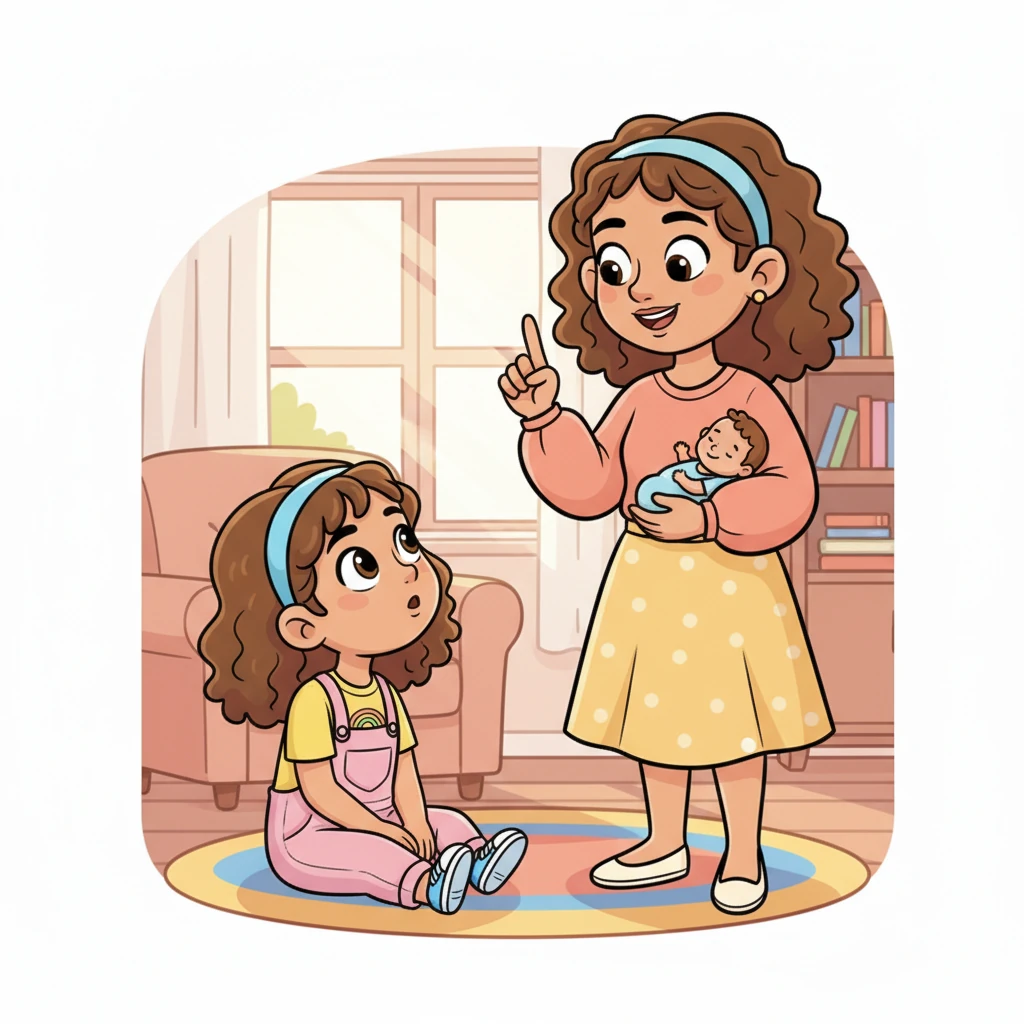 Her mom began, "Well, sometimes, a mumma and a papa have one very special baby." She held up one finger playfully, imagining a tiny baby nestled in her arms, while Lily listened intently, her head tilted.