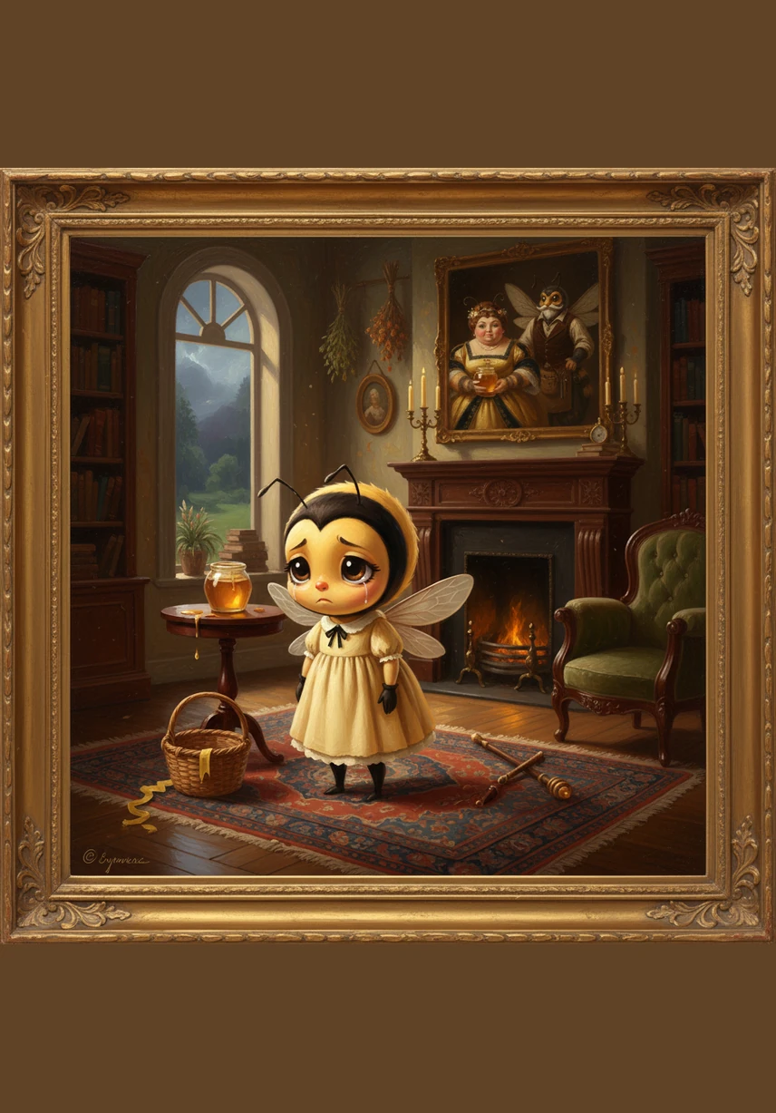 Baya se tient seule au milieu de son salon, les ailes tombantes et le regard triste, entourée d'une atmosphère bleutée et silencieuse. Sa mère est absorbée par son téléphone sur le canapé, tandis que son père reste plongé dans ses dossiers de travail, ignorant les appels au partage de la petite abeille. La maison est belle, mais le parfum des moments passés ensemble semble s'être évaporé.