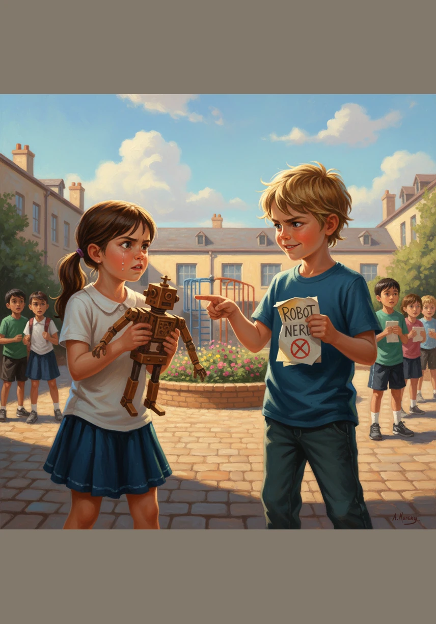 Dans la cour de l'école baignée de lumière, deux élèves se disputent vivement pour savoir qui est le meilleur, créant une tension sous le regard des autres. Leur enseignante s'approche avec un sourire bienveillant mais ferme pour leur expliquer que la véritable intelligence réside dans le respect et l'entraide. Elle leur enseigne que l'école est un espace sacré où l'on apprend à devenir meilleurs tous ensemble.