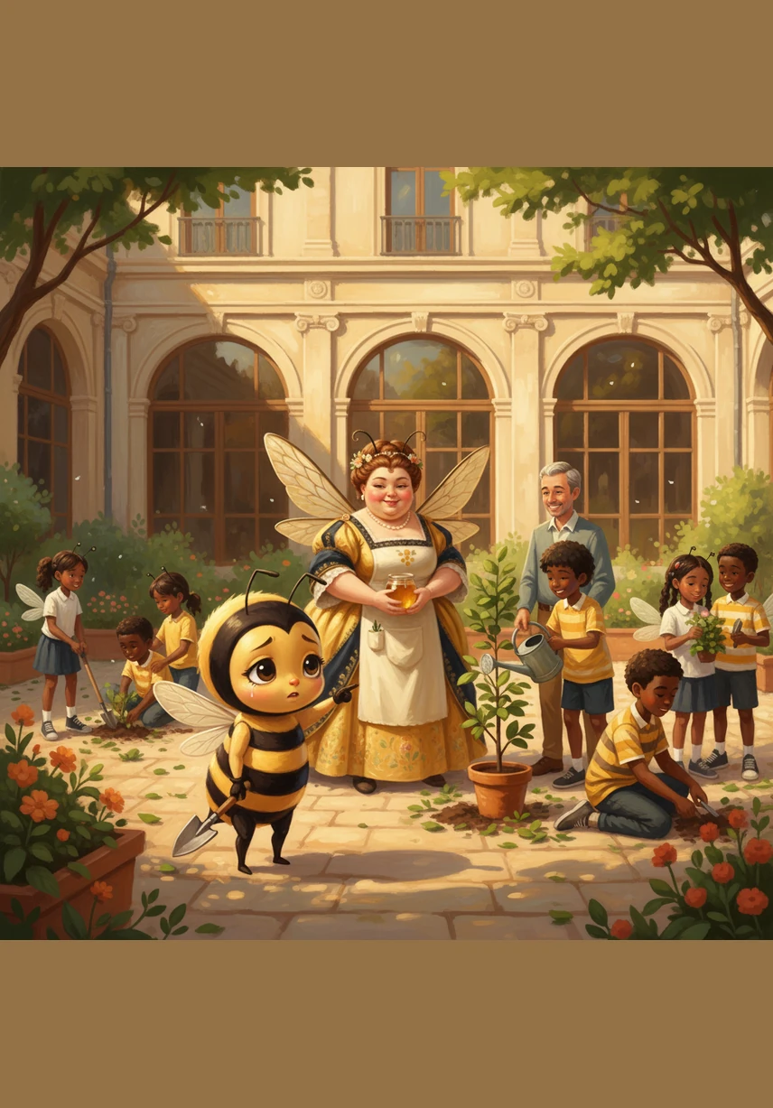 Inspirés par la vision de Baya, les parents et les élèves se réunissent dans la cour pour nettoyer les espaces et planter de jeunes pousses pleines de promesses. Un représentant de la société civile se joint à eux, symbolisant l'union entre la famille, l'école et la cité pour un environnement plus sain. La lumière dorée du jour souligne la joie retrouvée de travailler main dans la main pour le bien commun.