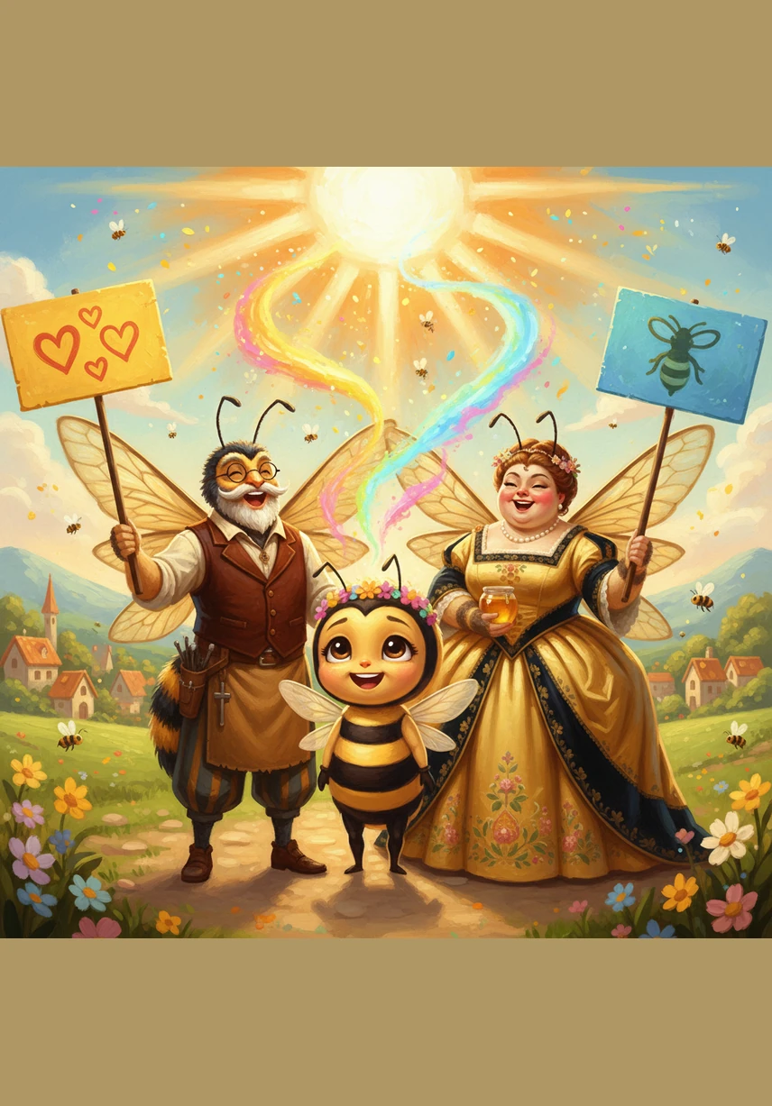 Tous les personnages se tiennent fièrement côte à côte, brandissant des pancartes colorées célébrant l'Amour, la Vérité et le Respect sous un soleil éclatant. Leurs voix s'élèvent dans un chant collectif puissant qui transforme la tristesse passée en une lumière vibrante de bonheur et d'espoir. C'est une célébration finale de la paix où chaque membre de la communauté s'engage à faire briller les valeurs au quotidien.