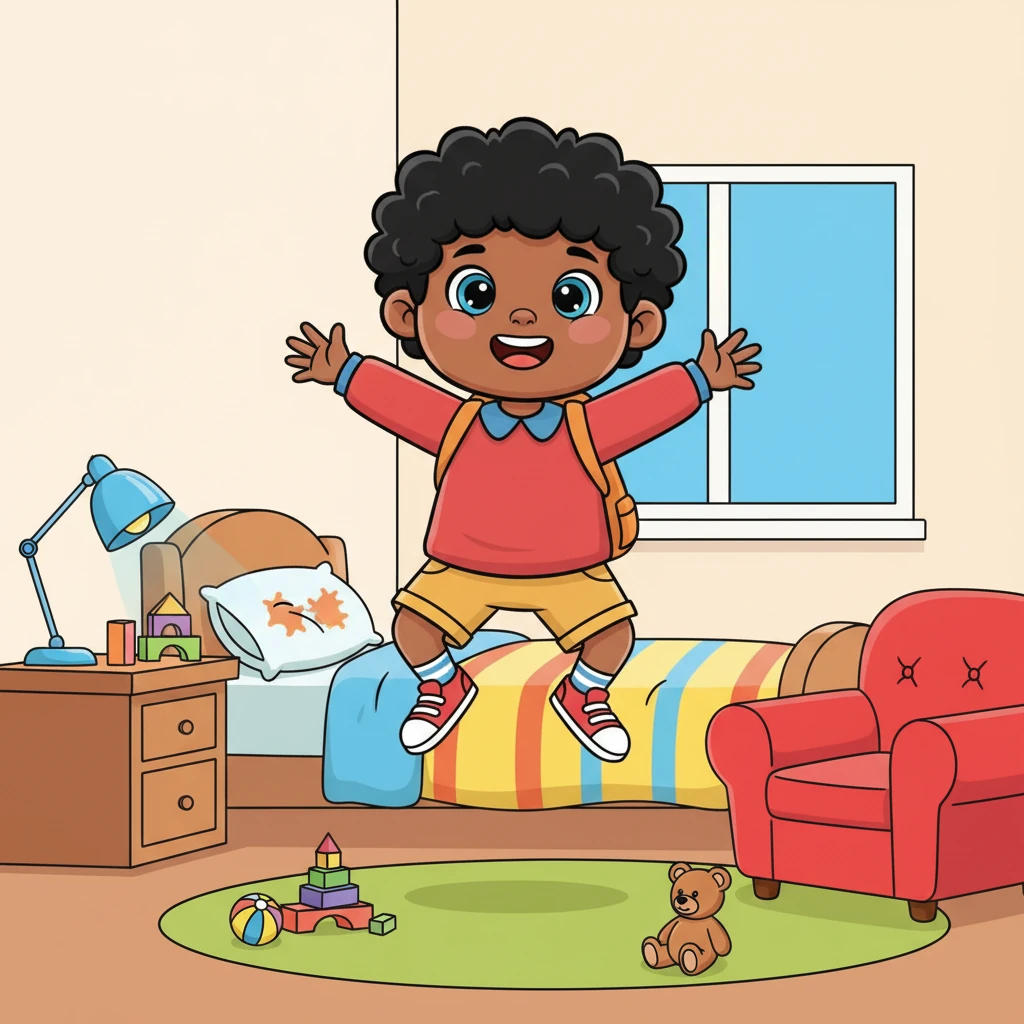 Look at my room on Monday morning! It's a little bit messy, but it's full of fun. See my bright red chair next to my comfy bed, and my shiny blue lamp on my desk?