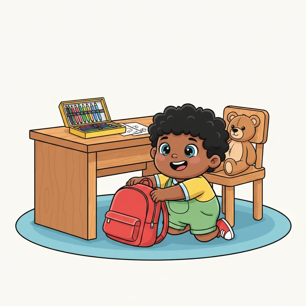 Sometimes my school bag hides under the table, but I always find it! My pencils are safe inside my yellow box, ready for drawing. I love my room because it's so comfortable!