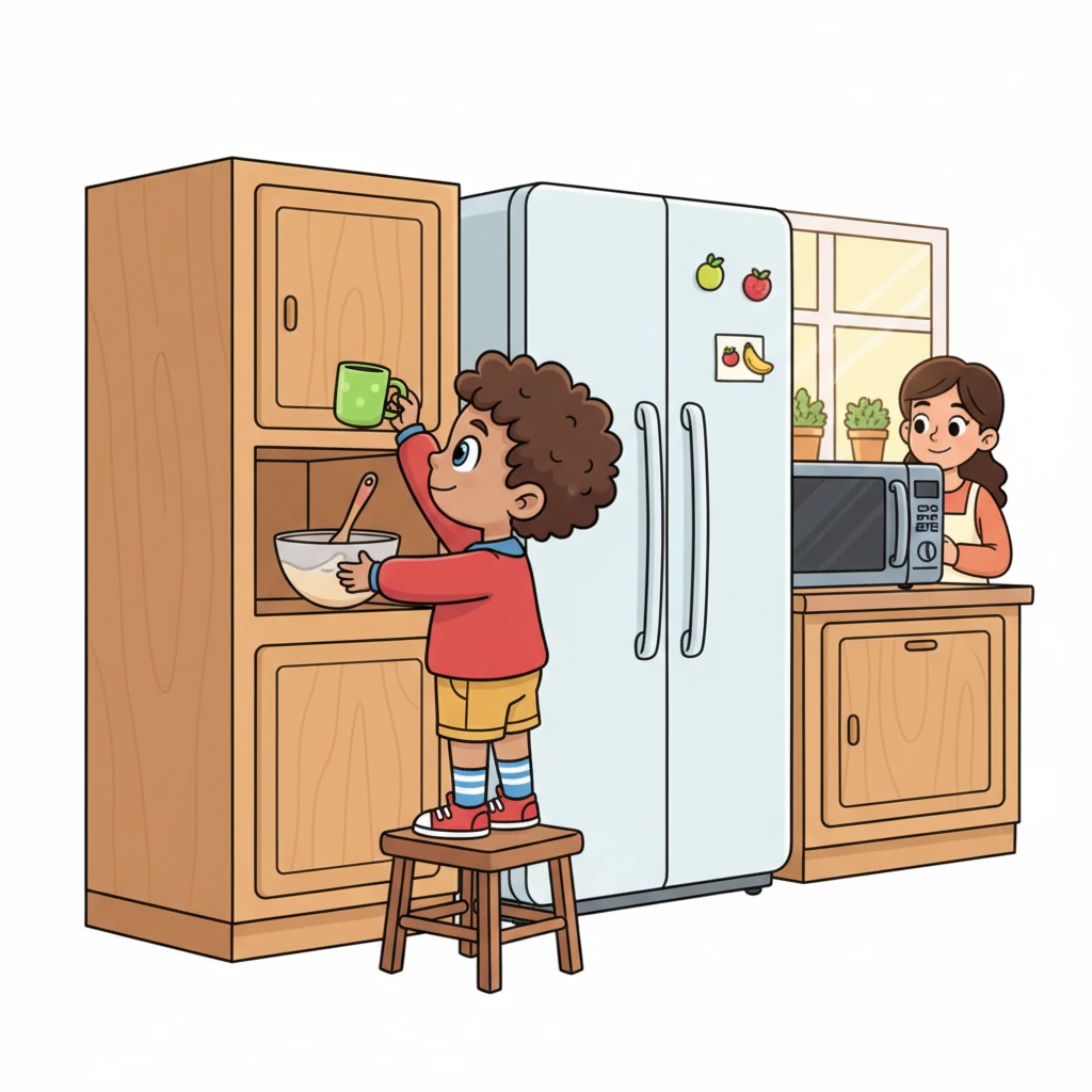 On Wednesday, I love to help my mom in our warm kitchen. We have a big, white fridge and a cool, grey microwave. Can you see my favorite green mug on top of the cupboard?