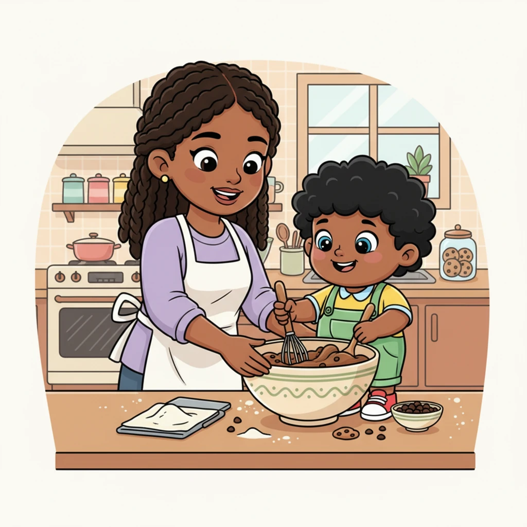 In February, we make the most delicious cookies together! My mom and I mix and stir, and the kitchen always smells like sweet chocolate. It's so much fun to bake!