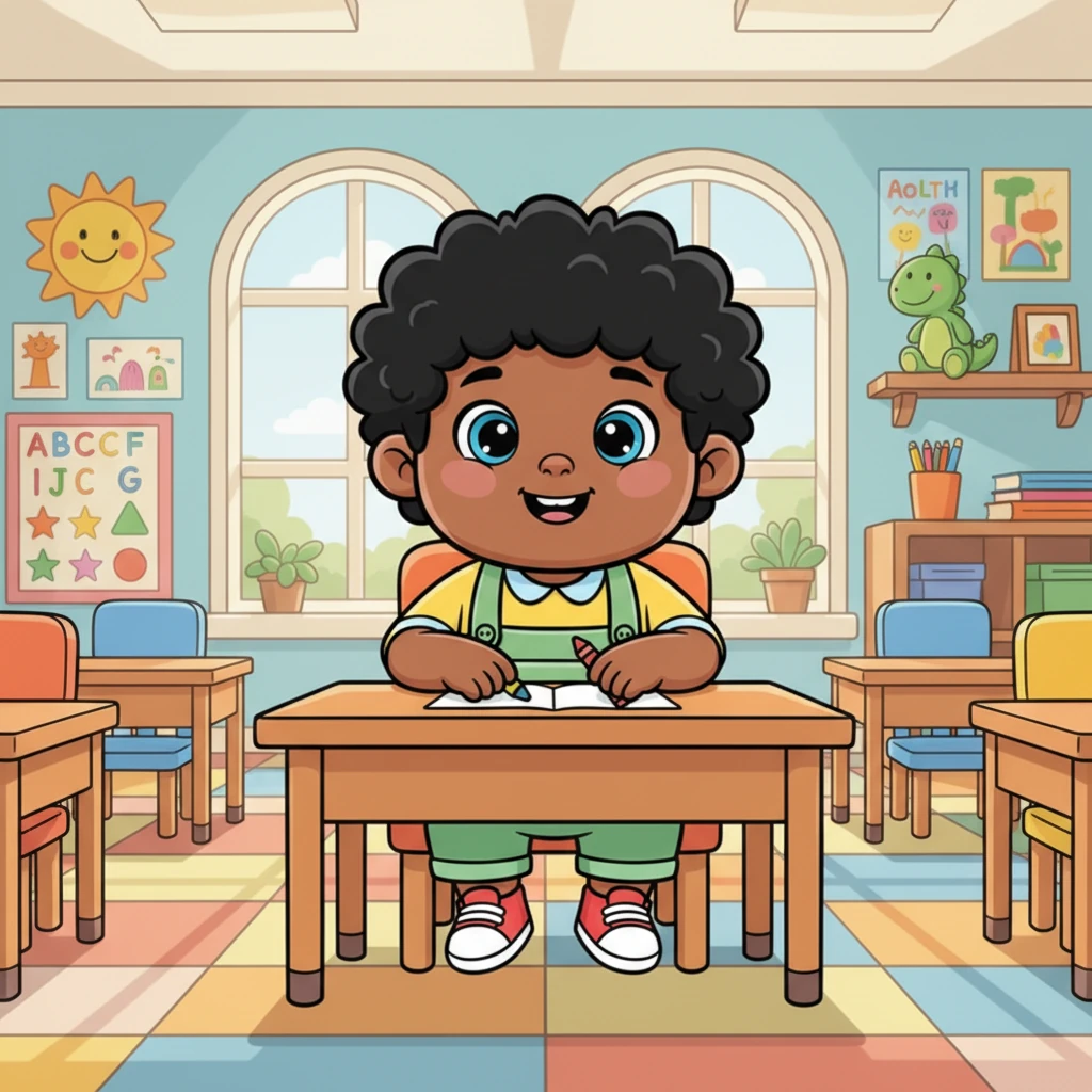 Here I am in my bright classroom! I sit on my cozy orange chair behind my wooden desk. My classroom is a very happy place to learn new things.