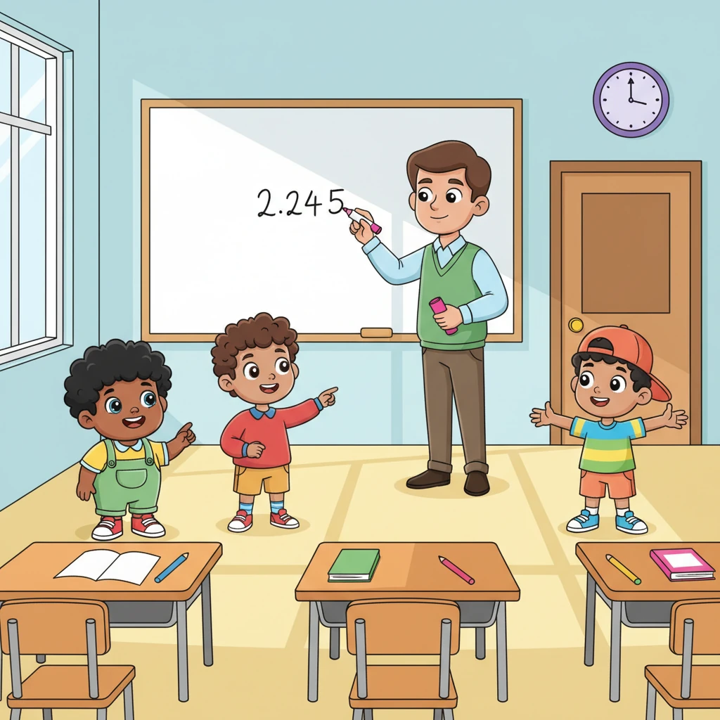 Look! There is a big white board on the wall, and a purple clock above the door. My teacher, Mr. Smith, uses his pink markers to write the date for us. He's so kind!