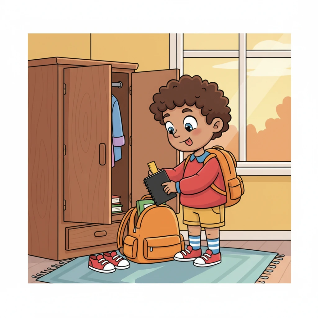 On Sunday, after a sunny day, I get ready for the next week. I put my black notebook and my ruler carefully into my backpack. My shoes wait nicely in front of the wardrobe.