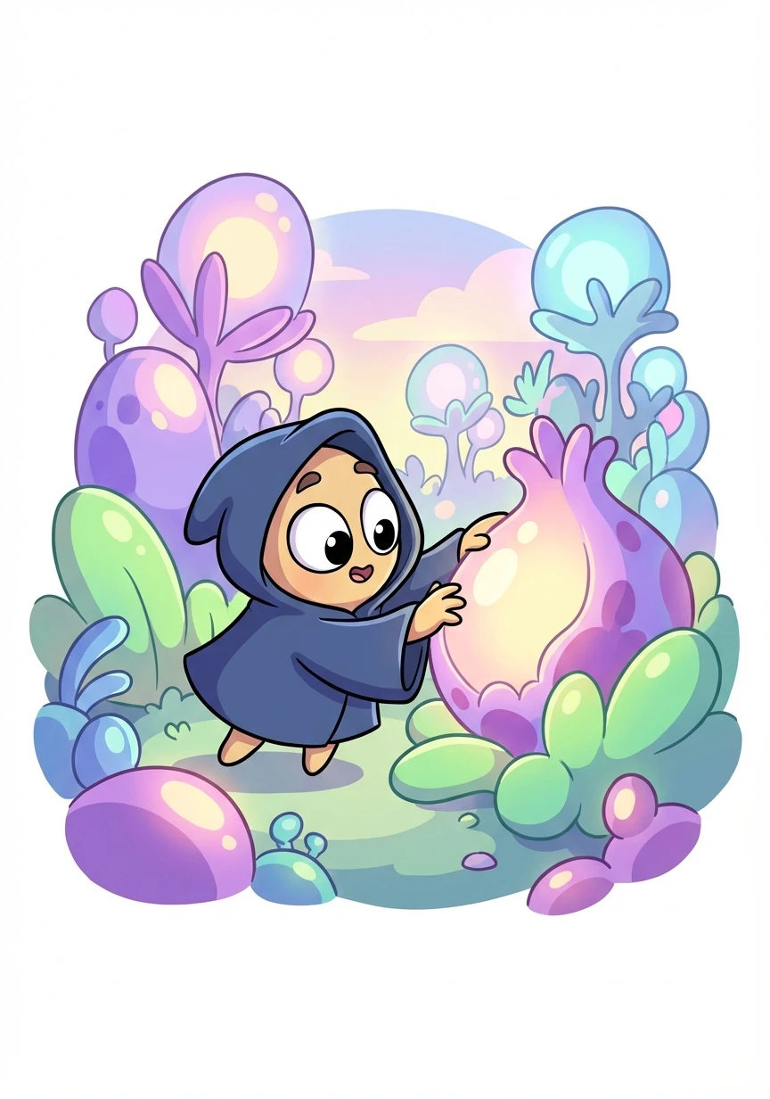 Hoody, a pear-shaped figure shrouded in a hooded cloak, wandered through the bizarre, glowing flora of an alien forest. Strange, bulbous plants pulsed with soft light, casting eerie shadows around him.