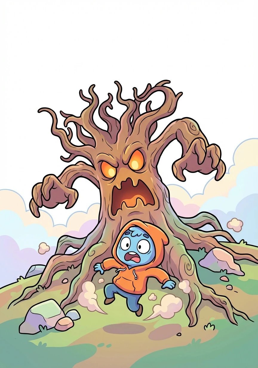 Suddenly, the ground trembled. A massive tree, its branches twisted into monstrous limbs, rose from the earth, its roots tearing through the soil. It roared, a sound like grinding rocks.