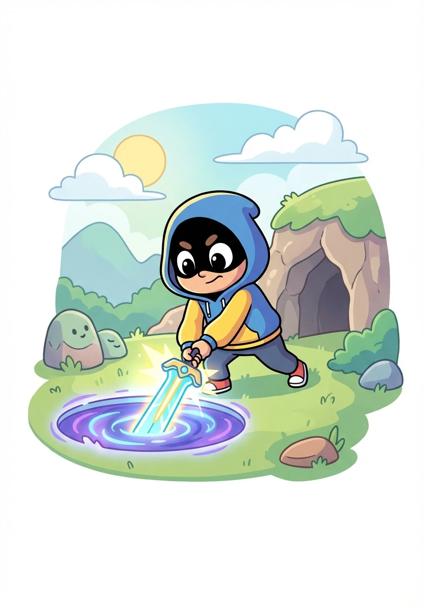 From the portal, Hoody pulled out a glowing energy sword. It hummed with power, illuminating his hidden face with a brief flash of light.