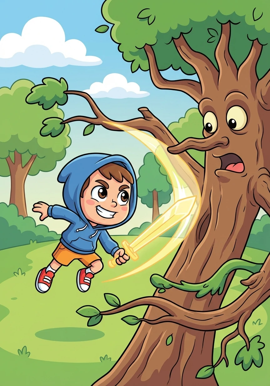 He charged at the tree monster, dodging its swinging branches. The energy sword sliced through the air, leaving trails of light.