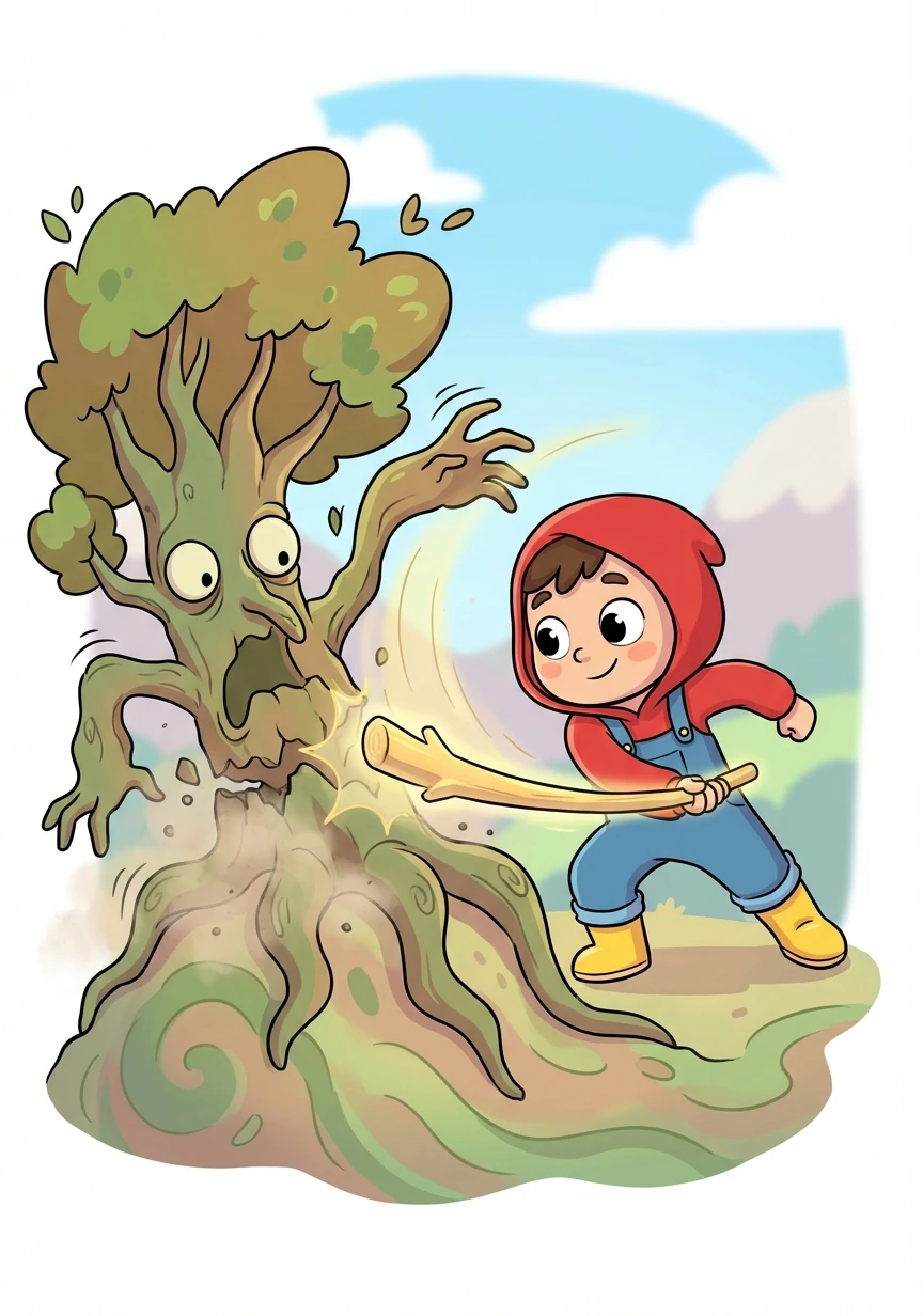 With a final, powerful strike, Hoody severed the tree monster's main root. The creature shuddered and collapsed back into the earth.