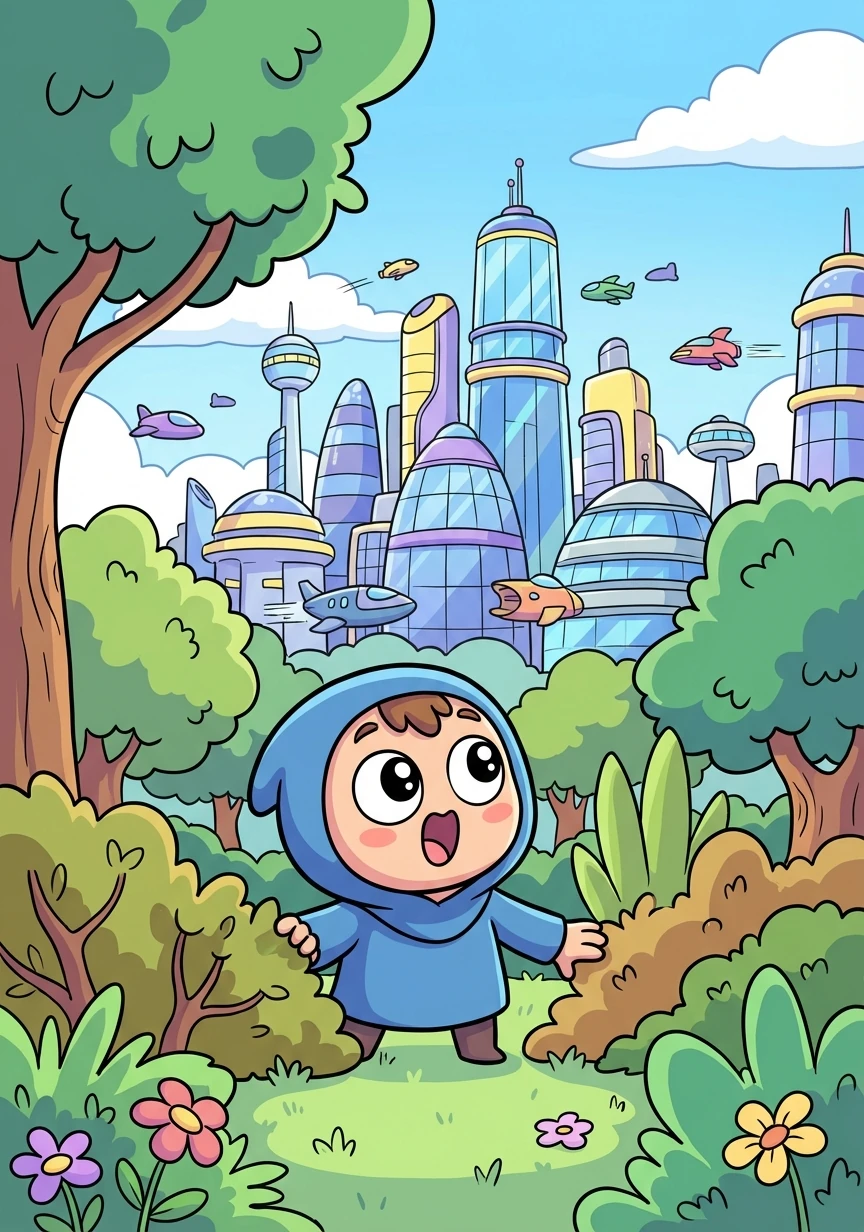 Emerging from the woods, Hoody gazed upon a breathtaking sight: a sprawling, futuristic city of gleaming towers and flying vehicles.