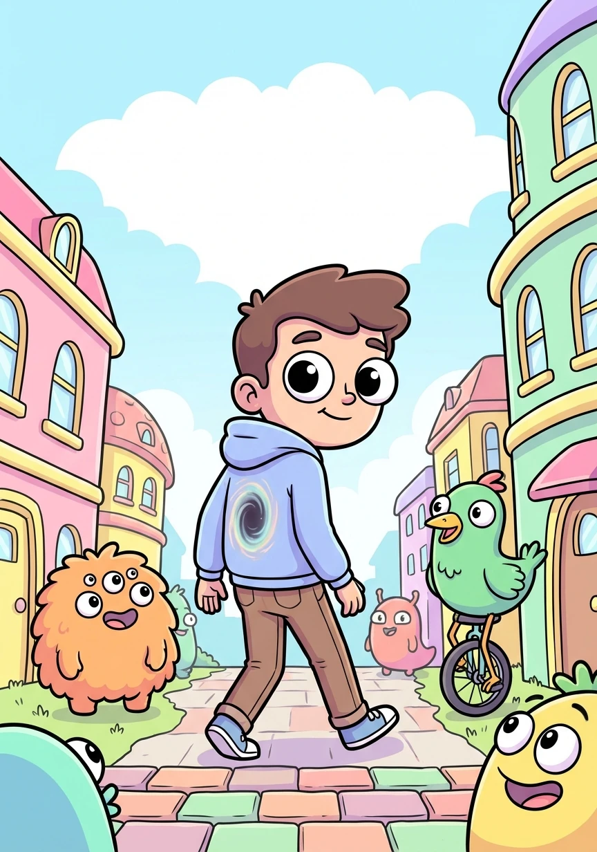 He stepped into the city, the portal on his back disappearing completely. The city's inhabitants, strange and wonderful creatures, turned to watch him pass.