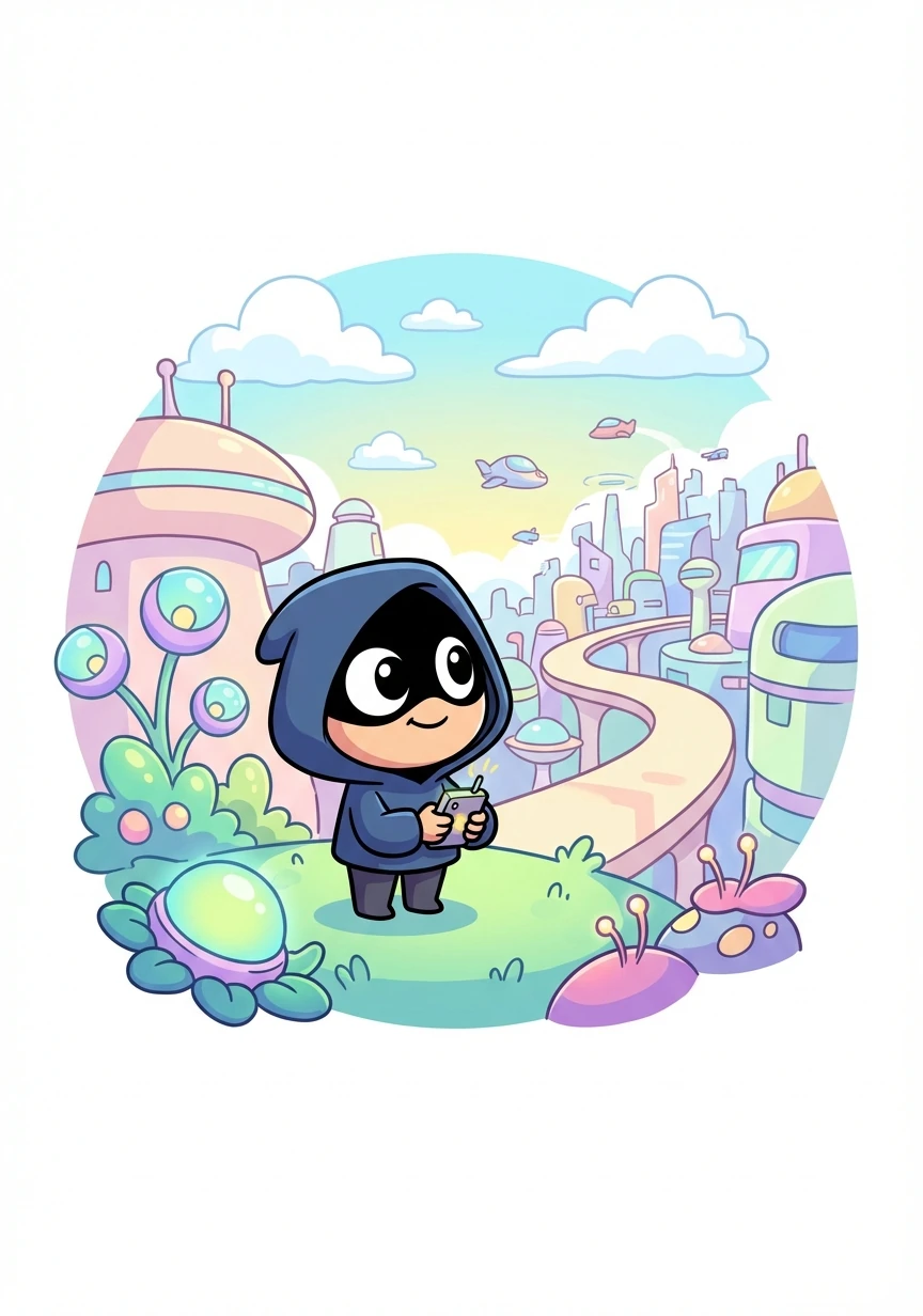 Hoody smiled, his face still hidden, ready for new adventures in this strange, technologically advanced world.