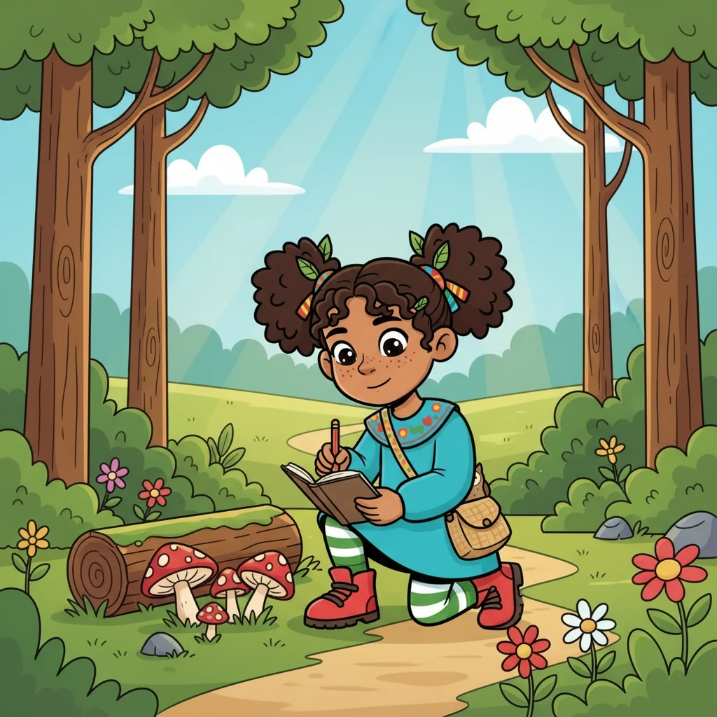 Un día soleado, Lía, una niña curiosa con trenzas largas y ojos brillantes, llegó al bosque. Llevaba consigo una libreta y un lápiz, lista para explorar y aprender los secretos de la naturaleza.