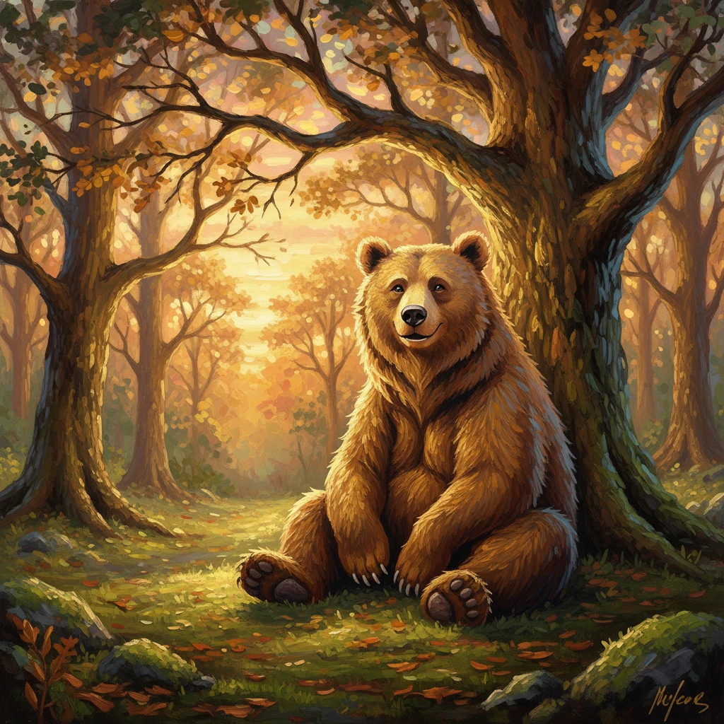 Deep in Whispering Woods, when the sky turned pink and gold, lived a big, cozy brown bear named Milo. A wide shot of the warm sunset forest, with ancient oak trees and soft, mossy ground rendered in rich, earthy tones with golden undertones. Milo sits happily by a giant oak tree, his fluffy brown fur painted with impasto, catching the warm, dramatic light, creating a peaceful and inviting scene.
