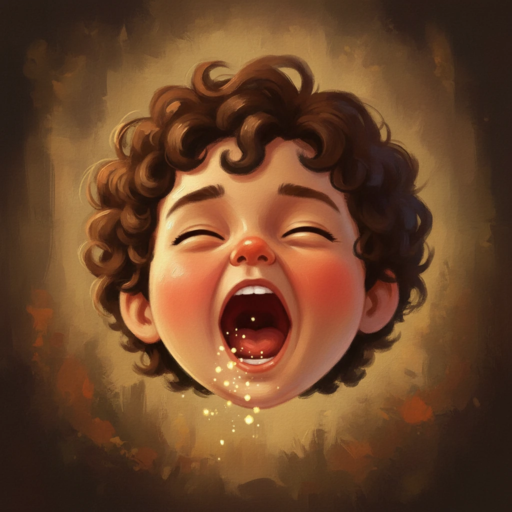 Every evening, Milo did one thing better than anyone else in the whole forest. He yawned. A close-up of Milo's round, gentle face, rendered with thick, tactile brushstrokes. His mouth is wide open in a huge, happy yawn, eyes squinting with sleepy contentment, as tiny, ethereal golden sparks drift from his breath against a softly shadowed background.