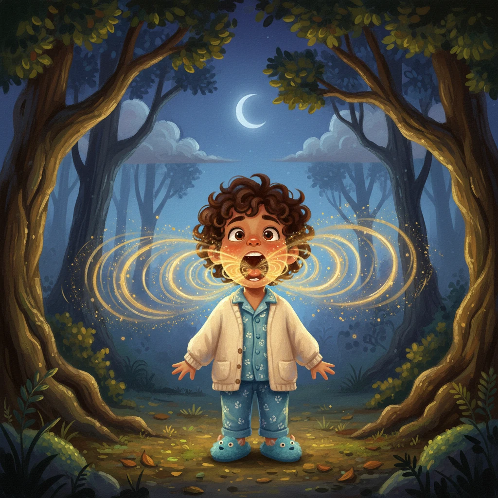 One night, Milo yawned so wide, so deep, so wonderfully… that something magical happened. Milo is captured mid-yawn, his large form a warm anchor in the composition. From his open mouth, luminous golden ripples of light and faint sparkles spread outward into the deepening twilight of the Whispering Woods, contrasting with the rich, dark greens and browns of the ancient trees.