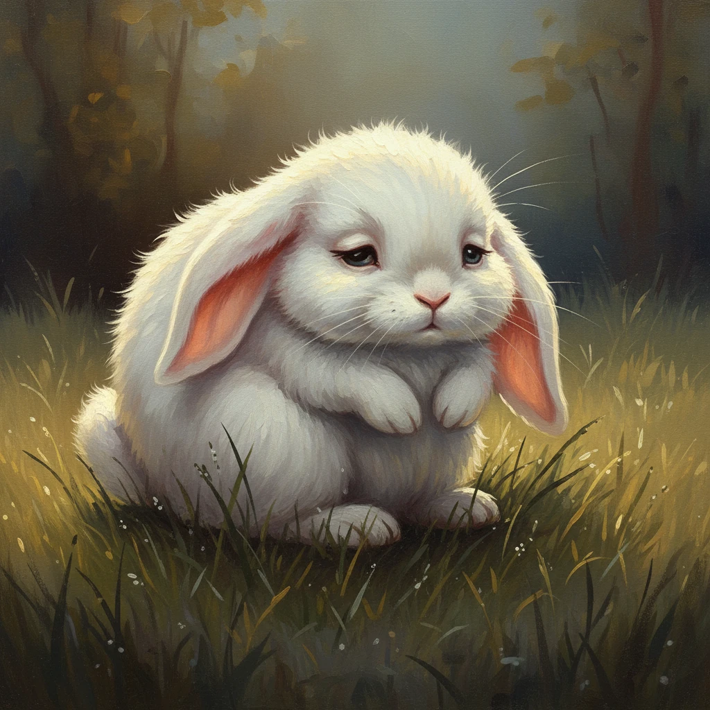 Nearby, little Pip felt it first. Her ears flopped down. Her eyes grew heavy. And she curled up in the soft grass. Little Pip, a fluffy white rabbit, is depicted in a patch of soft, moonlit grass, her form rendered with delicate, visible brushstrokes. One long ear is gracefully flopped, and her big, gentle eyes are half-closed, heavy with sleep, as she begins to curl into a cozy ball.
