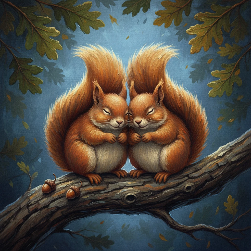 The yawn floated up to two squirrels. They forgot all about their acorns... and snuggled close. On a gnarled, textured oak branch, two chubby squirrels are nestled together, their bushy tails forming a soft embrace. Their cheeks are pressed close, and their small, expressive eyes are gently closing, with a few forgotten acorns scattered nearby, under dramatic moonlight filtering through the leaves.