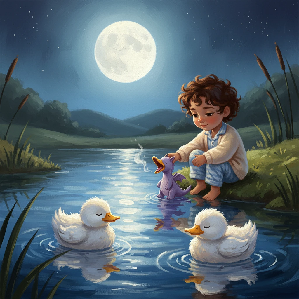 It drifted to the pond, where the ducks were splashing. One by one, they tucked their heads under their wings. Quack… quack… zzz. A serene, moonlit pond reflects the soft glow of the night sky, rendered with deep, layered blues and silvers. Three round, fluffy ducks float gracefully; two are already asleep with heads tucked, while the third is caught mid-yawn, its yellow beak open, bathed in dramatic moonlight.