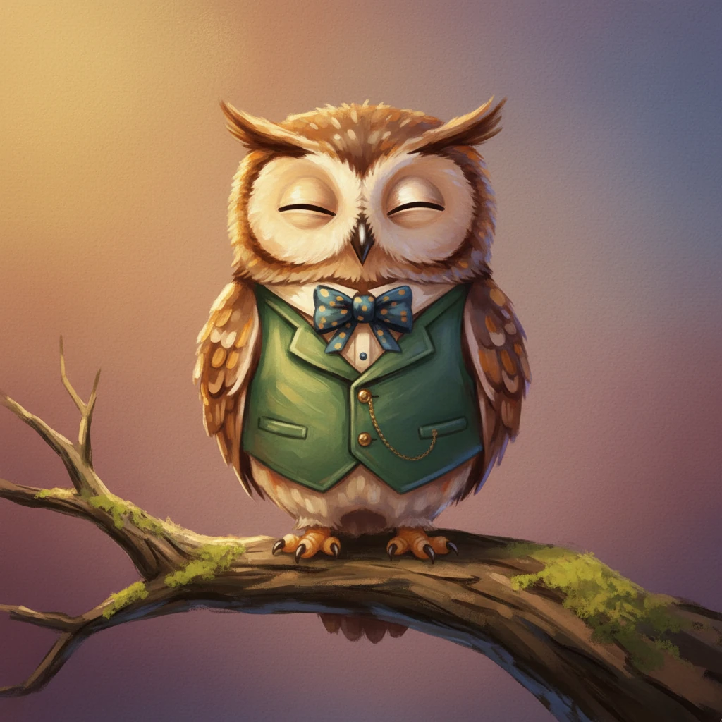 Even grumpy Mr. Owl, who said he was NEVER tired, blinked once… twice… and quietly closed his big yellow eyes. Mr. Owl, a large, round figure of grey and white feathers, perches on a textured branch, his form rendered with thick, visible brushstrokes. One of his big yellow eyes is completely closed, while the other is just barely open, a tiny, reluctant smile playing on his face, illuminated by dramatic moonlight.