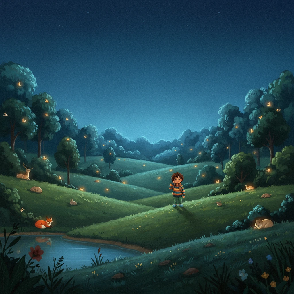 The yawn traveled over the hills and through the meadows… until the whole forest was still. A sweeping panoramic view of Whispering Woods under a vast, moonlit sky. The landscape is painted with rich, deep greens, blues, and silvers, showcasing rolling hills and expansive meadows. Tiny, almost imperceptible forms of sleeping animals glow softly within the trees, on the grass, and by the pond, emphasizing the profound stillness.