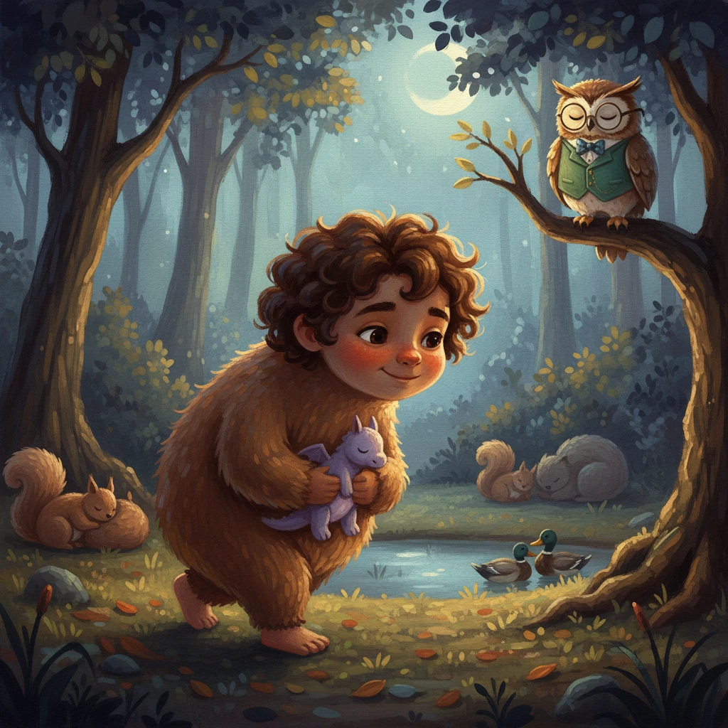 'Goodnight Pip. Goodnight squirrels. Goodnight ducks. Goodnight Mr. Owl,' Milo whispered softly. Milo, his big, fluffy form rendered with rich, textured brown brushstrokes, walks gently through the moonlit forest. A soft, warm glow illuminates his kind face, revealing a tender, warm smile as he looks out at his sleeping friends, subtly visible in the shadows, creating a peaceful atmosphere.