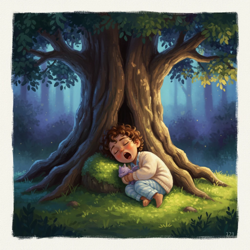 Then Milo found his favourite mossy spot under the old oak tree. He closed his eyes. And yawned… one last time. Milo is curled up in his favorite mossy spot beneath the majestic, ancient oak tree, its gnarled trunk and branches rendered with rich impasto. Moonlight filters softly through the leaves, casting dappled patterns of light and shadow on his fluffy brown fur, as he lets out one last, contented yawn.