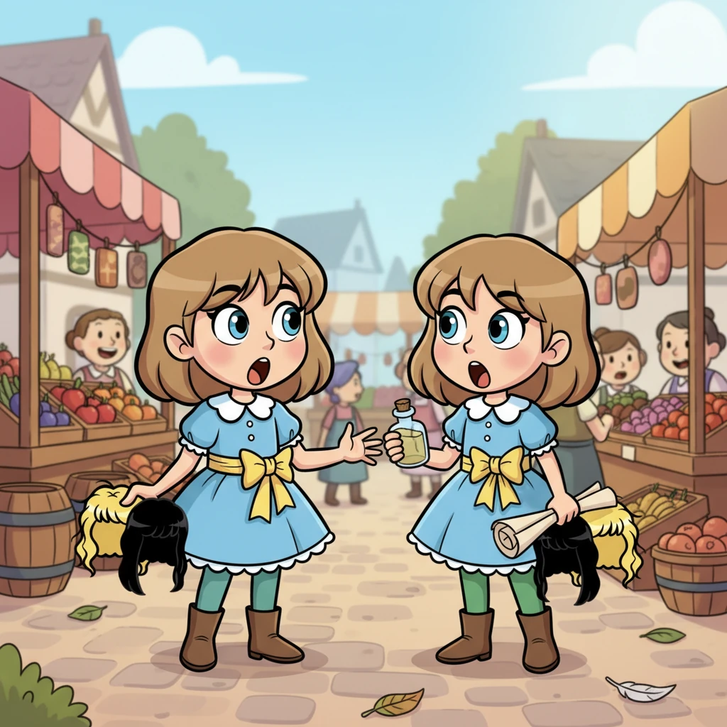 One sunny afternoon at the bustling village market, Pip bumped into someone extraordinary. Standing before her was Glimmer Sparkle, an adventurous spirit who looked exactly like Pip, right down to their mischievous eyes! Both gasped in cartoonish surprise.