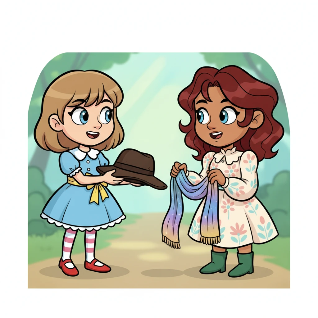 With hushed giggles, they exchanged a few precious items: Pip's plain, familiar hat for Glimmer's shimmering, free-spirited scarf. A playful, conspiratorial spark passed between them, sealing their extraordinary pact. This was the beginning of their great adventure.