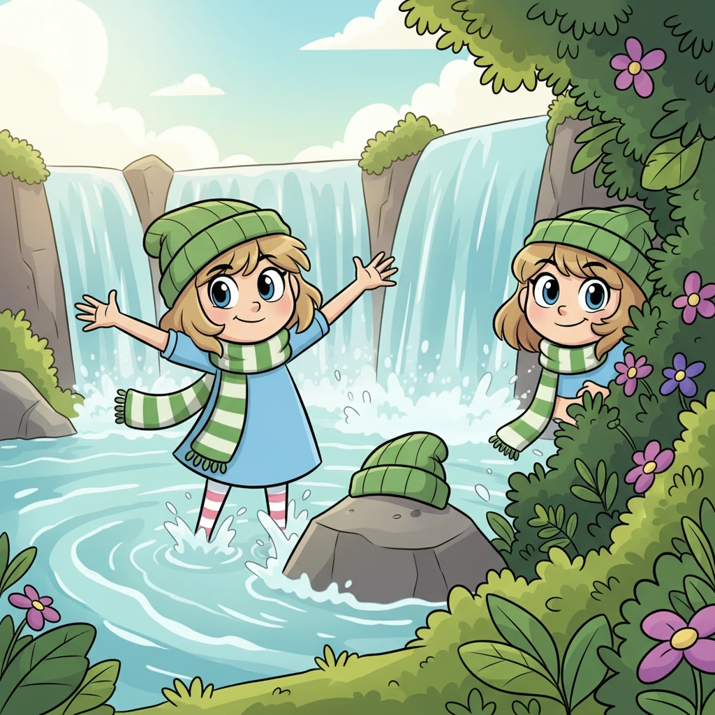 The next day, Glimmer, wearing Pip's plain hat and scarf, was spotted by the rushing rapids of Whispering Falls. With a theatrical wave, she left the hat and scarf perched precariously on a rock, then vanished into the dense, cartoonishly lush foliage.