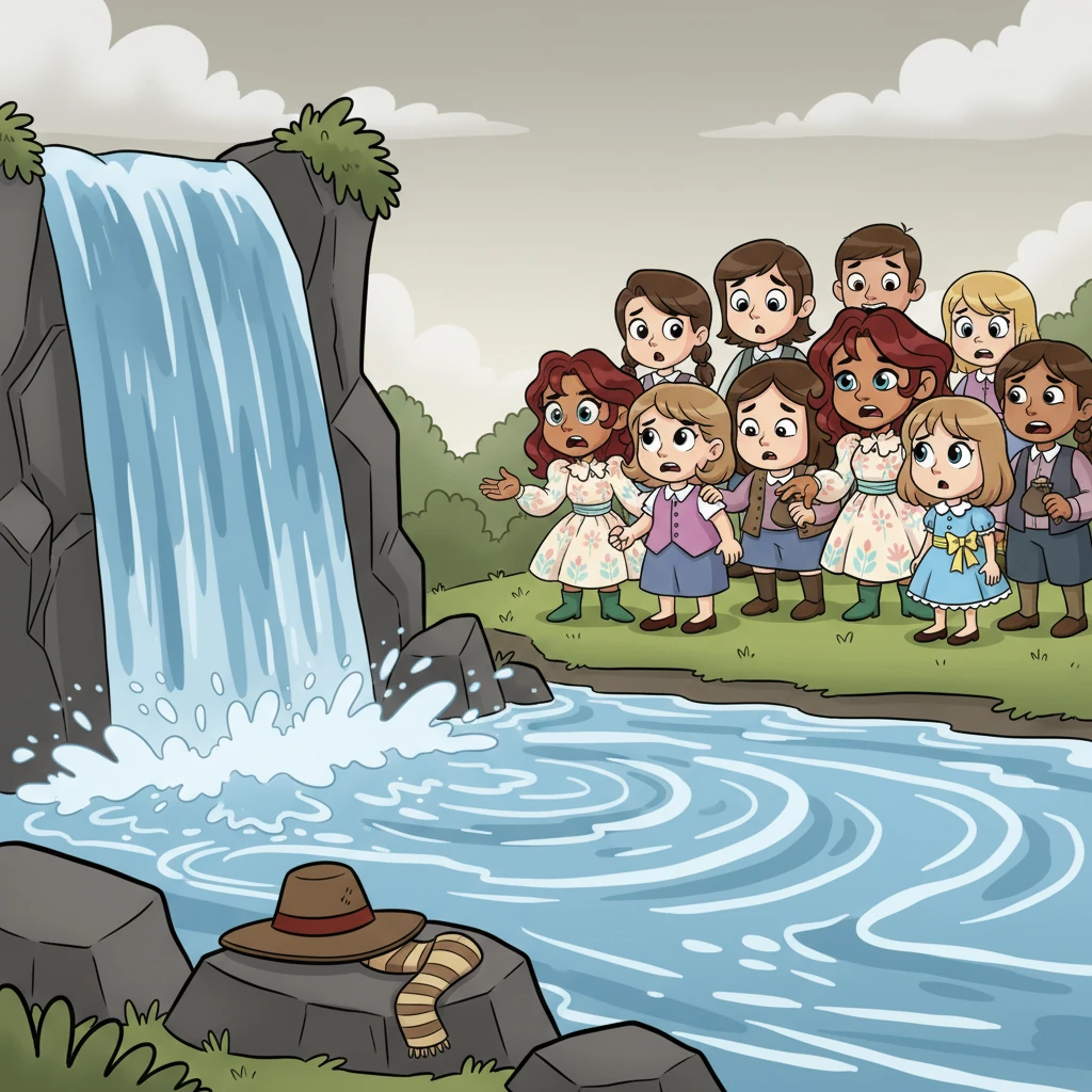 Soon, the villagers discovered Pip's hat and scarf by the roaring falls. A flurry of exaggerated gasps and worried expressions spread throughout the village. Everyone sadly concluded that Pip Willow had vanished, swept away by the mysterious waters.