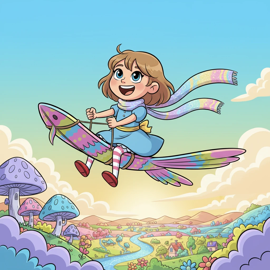 Far, far away, Pip, now adorned with Glimmer's sparkling scarf, was soaring on a giant kite, her face alight with joy and wonder. She was exploring vibrant new landscapes, her heart singing with the freedom of her grand escape and new beginning.