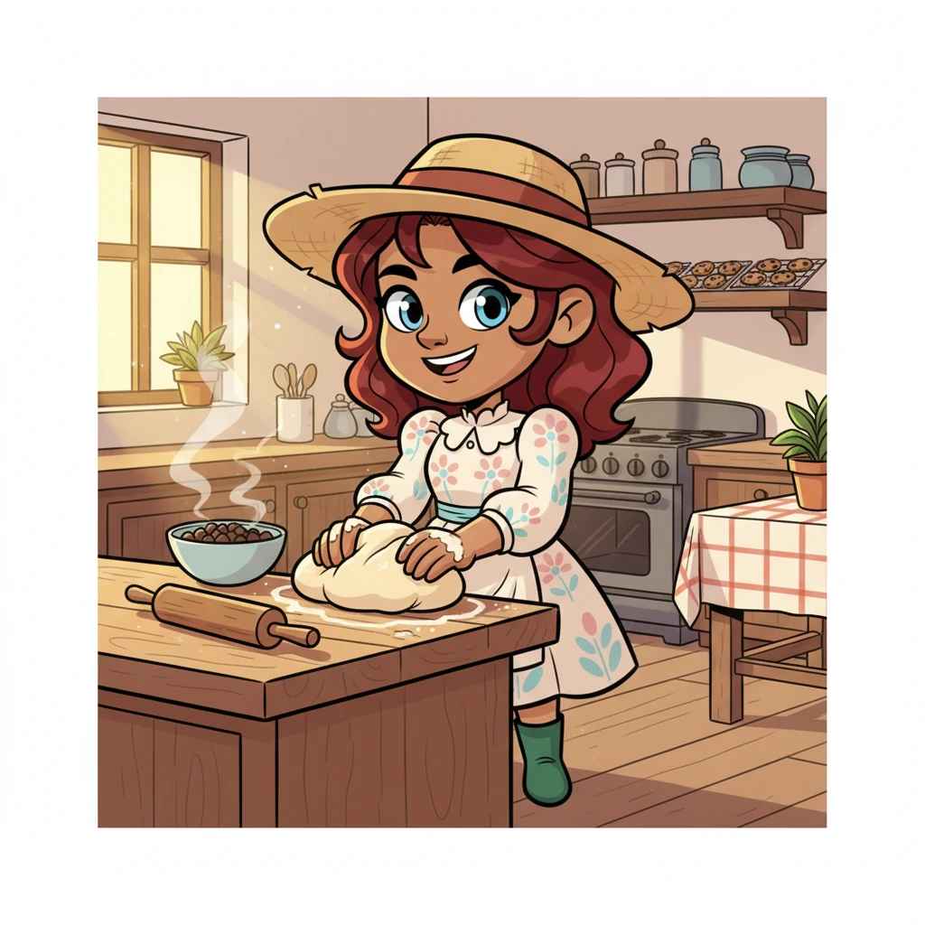 Back in the quiet village, Glimmer, now wearing Pip's plain hat, found herself surprisingly enjoying the peaceful, predictable routines. She discovered a hidden charm in the quiet life, perhaps even finding joy in baking cookies, a delightful change of pace.