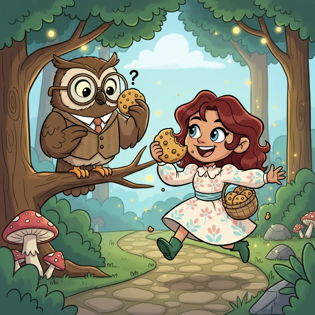 Old Professor Hoot, a wise and friendly owl with spectacles, noticed something peculiar. "Pip" (who was Glimmer) seemed to be walking with a little extra bounce, and her cookies tasted surprisingly, delightfully different. A playful mystery hung in the air.