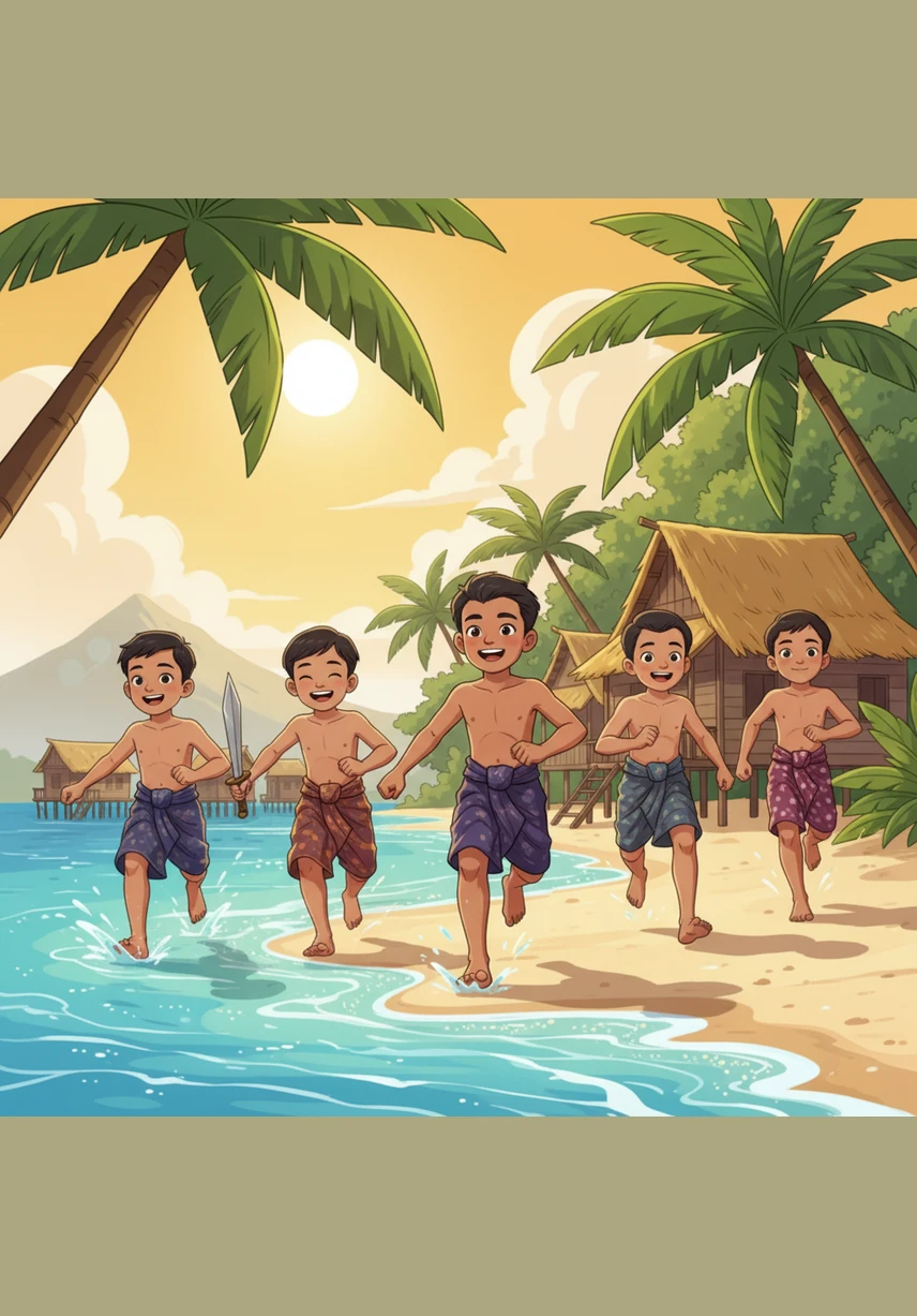 Under the golden sun of a 15th-century Malay coastal village, five young boys run along the shore, their laughter echoing through the tropical trees. They are inseparable friends, living a life of simple joy amidst wooden stilt houses and the sparkling blue sea.