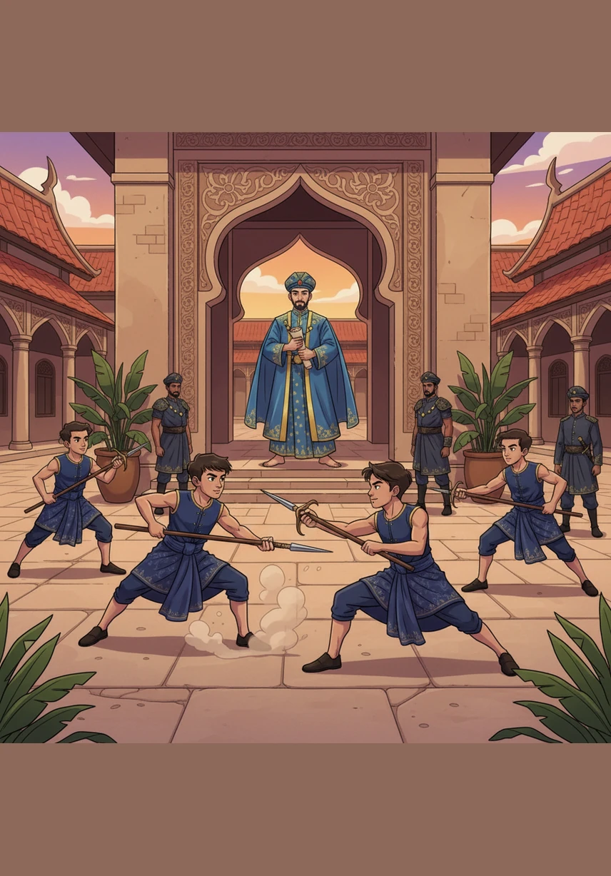 A royal envoy arrives in shimmering silks, summoning the five friends to serve the Sultan at the magnificent palace. Now teenagers, they undergo rigorous training in the art of silat, moving in perfect unison with spears and kris daggers under the watchful eyes of the royal guard.