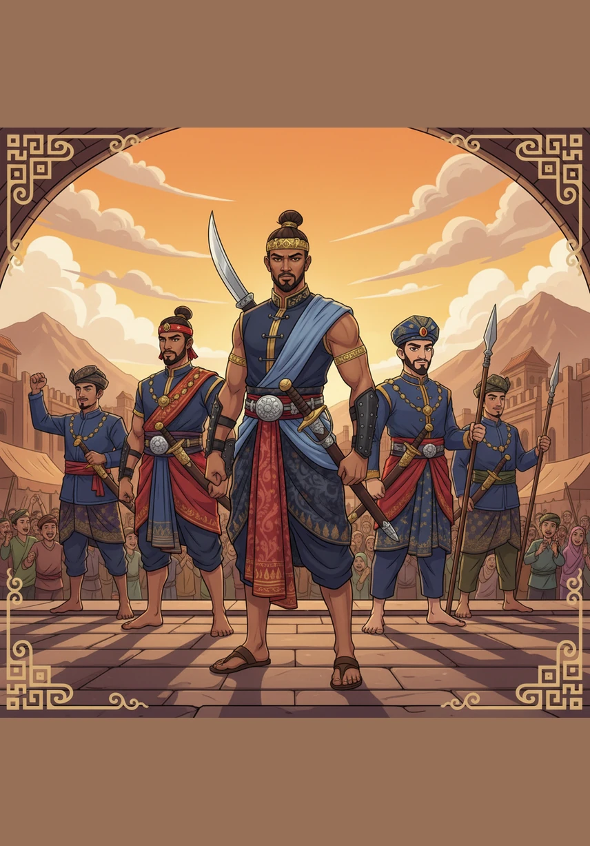 Years pass, and the boys grow into powerful warriors, with Hang Tuah leading them as a celebrated Admiral in intricate armor. Despite their high status, they remain brothers at heart, sharing stories and laughter over wooden cups, bound by an unbreakable oath of loyalty.