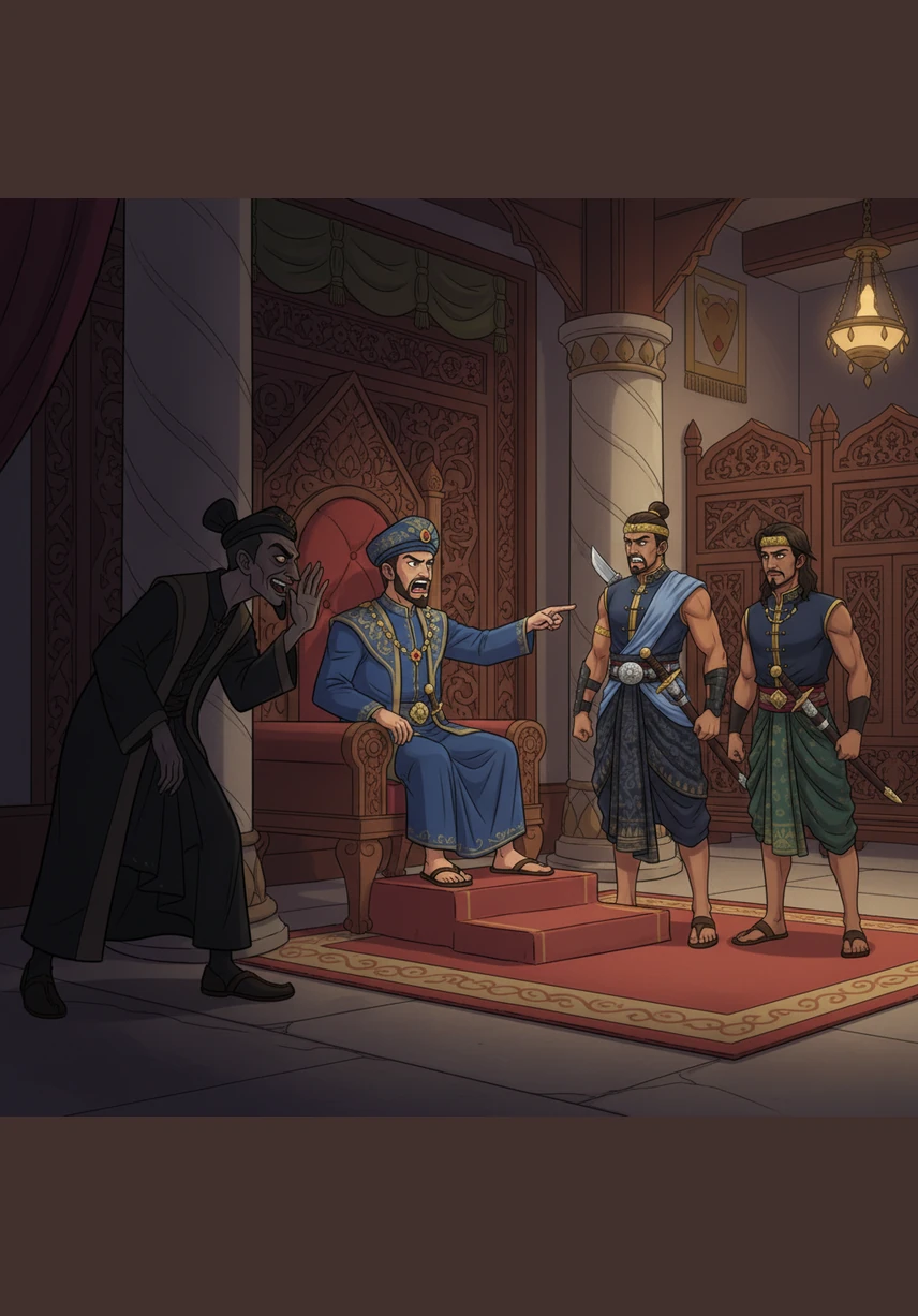 In the shadows of the royal court, a jealous official watches the brothers with cold, malicious eyes, plotting their downfall. He whispers poisonous lies into the Sultan's ear, igniting a sudden, uncontrollable rage within the ruler that threatens to destroy the kingdom's greatest heroes.