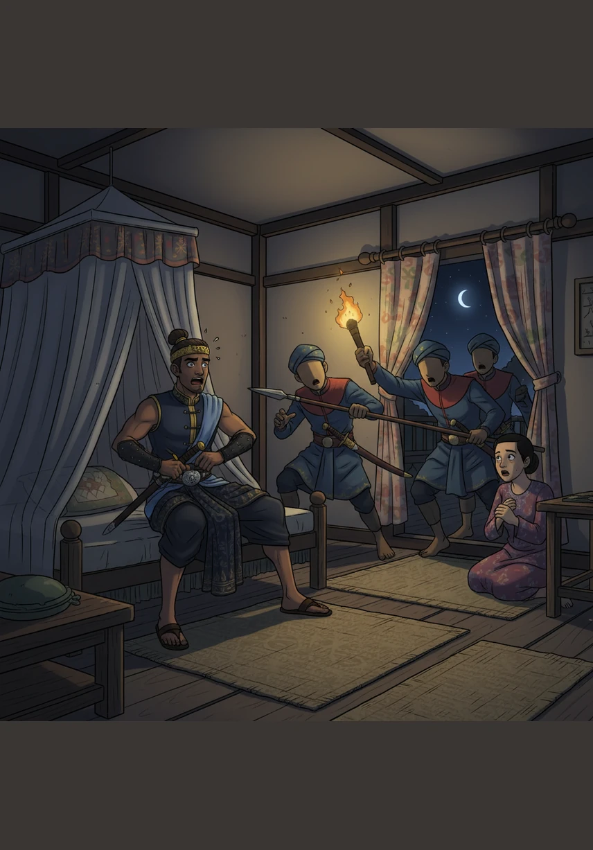 In the dead of night, royal guards storm Hang Tuah’s quarters and drag him away into banishment based on the false accusations. Tuah remains silent and stoic, accepting his fate with a mask of shock, while his brothers watch in helpless despair as he is cast out.