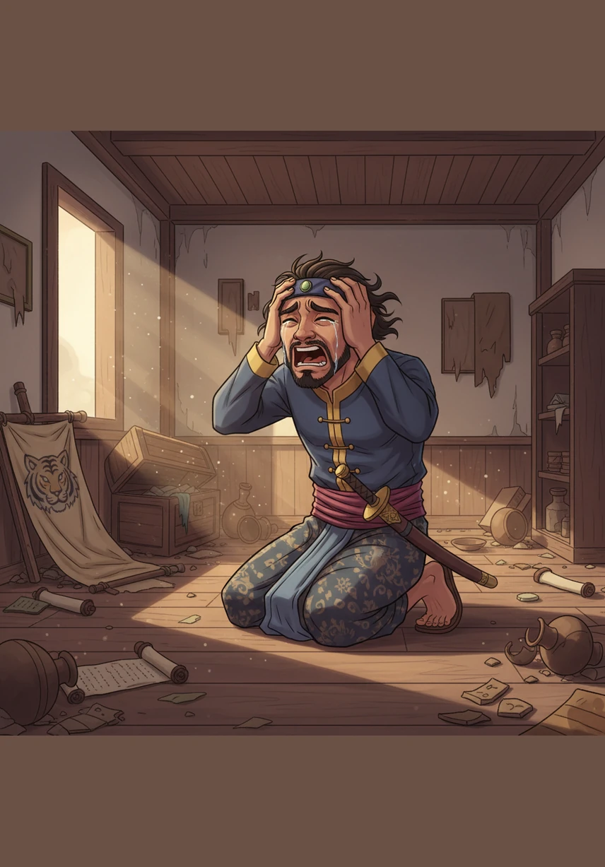 Heartbroken by the injustice against his brother, Hang Jebat collapses in Tuah's empty, ransacked room, his tears turning into a terrifying fire of rebellion. He picks up his kris and leads a furious army toward the palace, vowing to avenge the friend the Sultan betrayed.