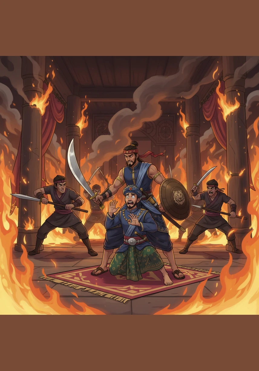 As the palace burns and the Sultan cowers in fear, word arrives that Hang Tuah is still alive and hiding in the wilderness. The Sultan immediately orders Tuah's return, not out of mercy, but to use the legendary warrior to stop Jebat's unstoppable rampage.